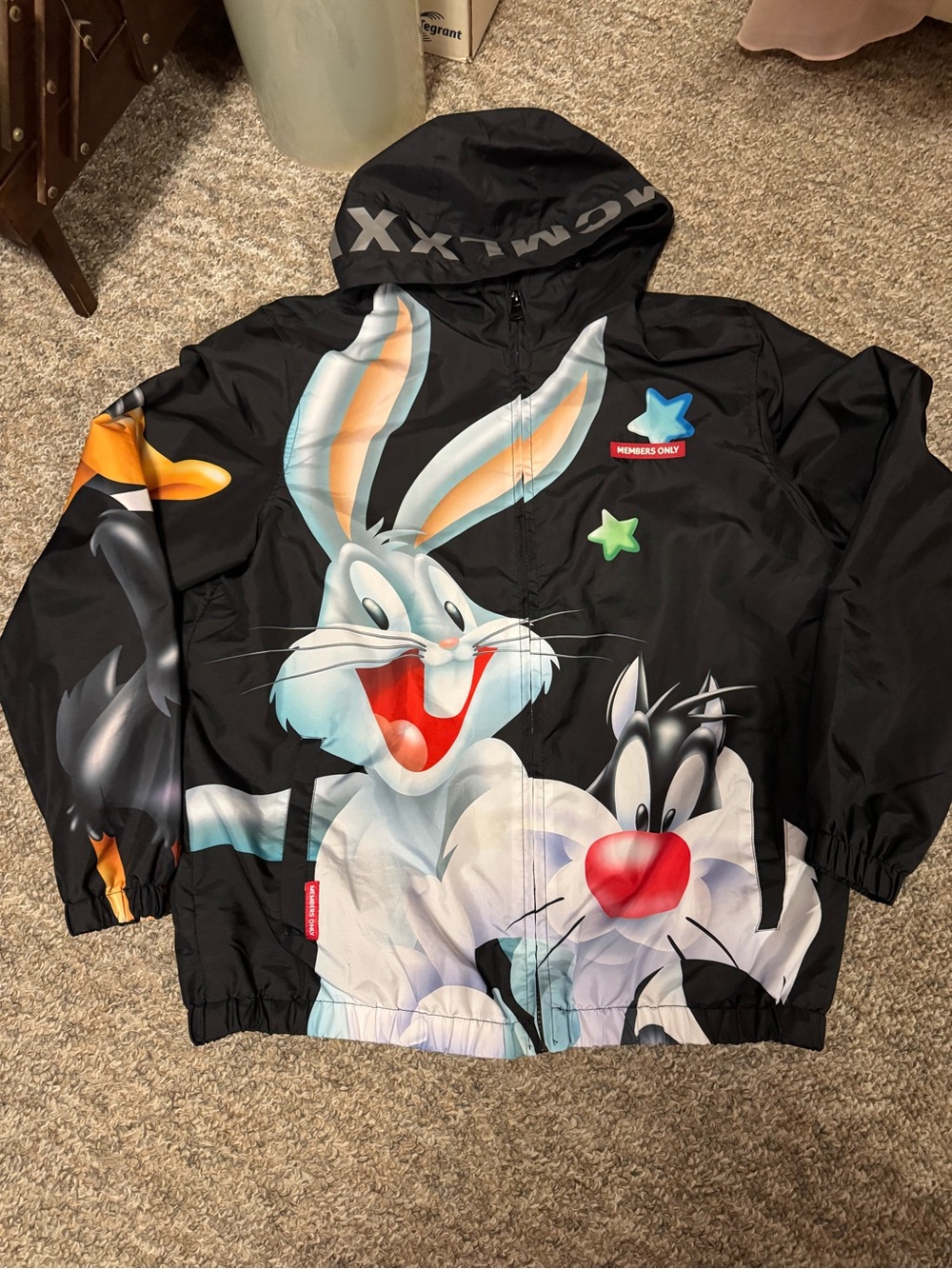 Members Only Black Looney Tunes Hooded Jacket with Bugs Bunny & Company size L